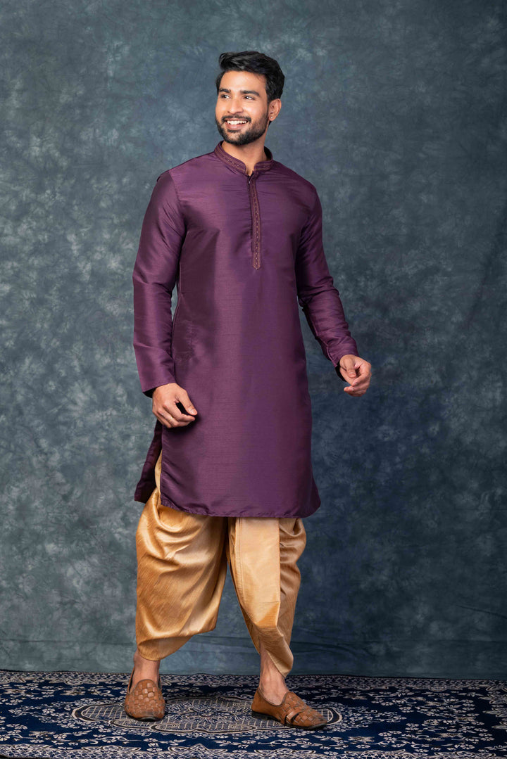 Prakatha Purple Silk Blend Kurta Dhoti Set For Men With Embroidered Work | SHOBITAM