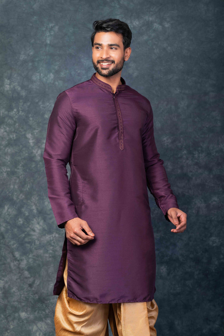 Prakatha Purple Silk Blend Kurta Dhoti Set For Men With Embroidered Work | SHOBITAM