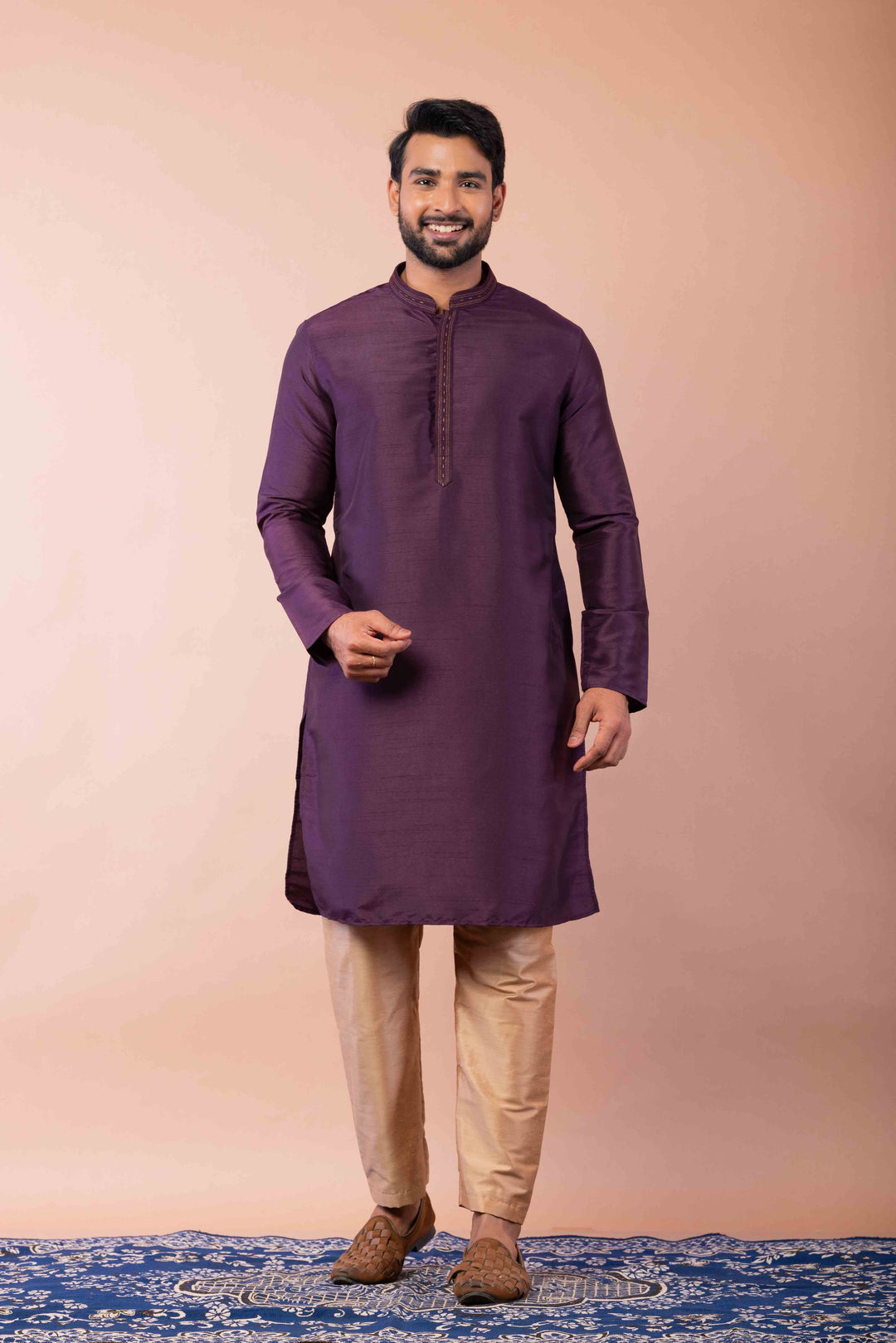Prakatha Purple Silk Blend Kurta Dhoti Set For Men With Embroidered Work | SHOBITAM