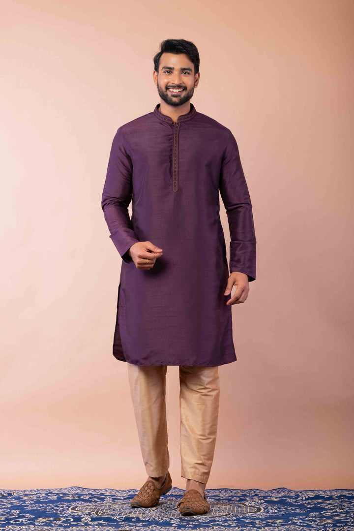 Prakatha Purple Silk Blend Kurta Dhoti Set For Men With Embroidered Work | SHOBITAM