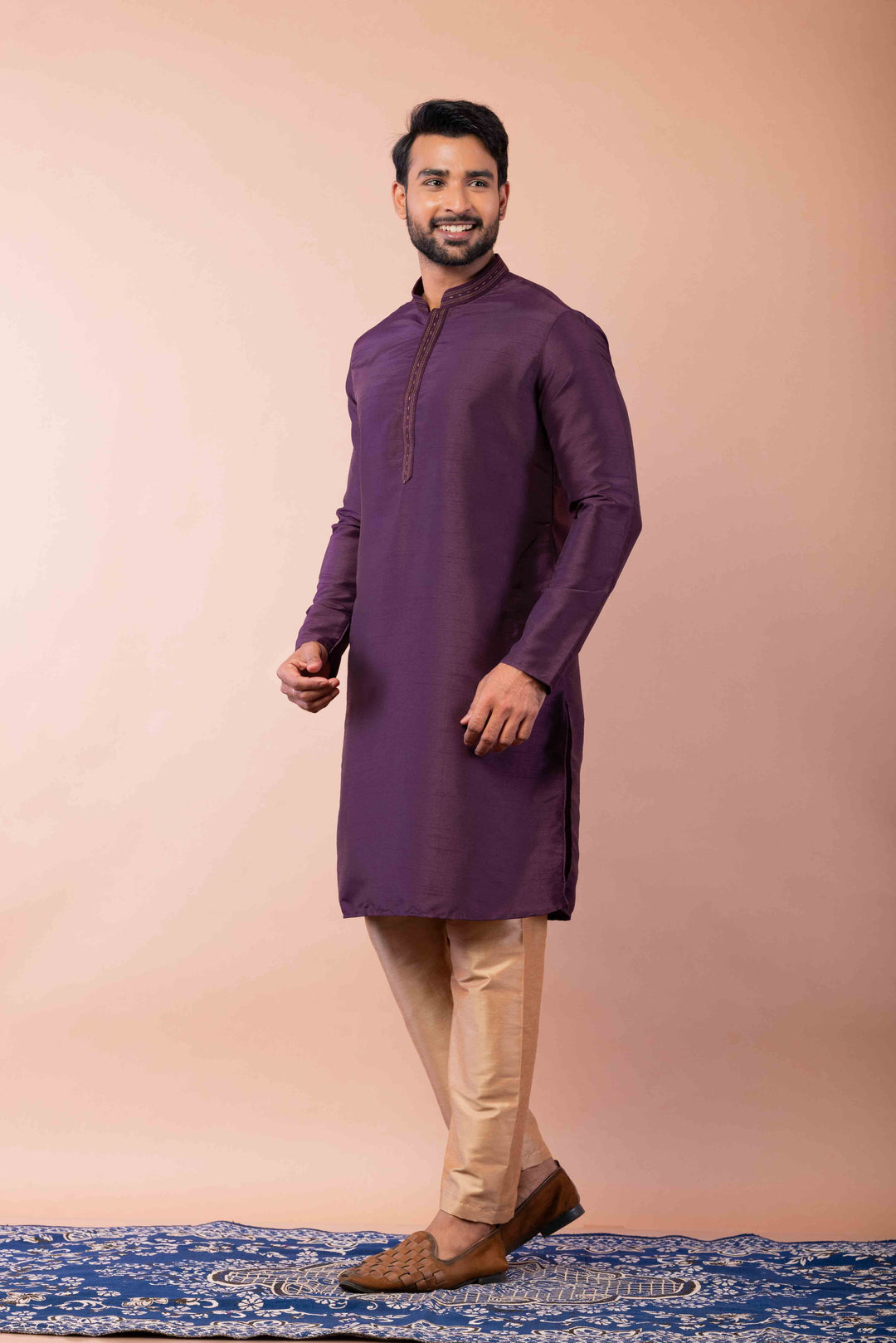 Prakatha Purple Silk Blend Kurta Dhoti Set For Men With Embroidered Work | SHOBITAM