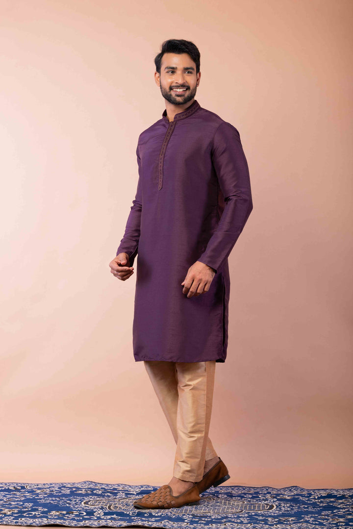 Prakatha Purple Silk Blend Kurta Dhoti Set For Men With Embroidered Work | SHOBITAM