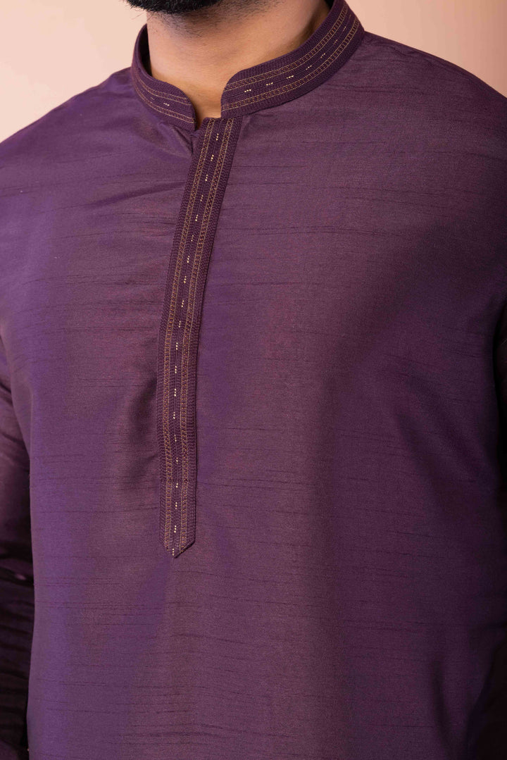 Prakatha Purple Silk Blend Kurta Dhoti Set For Men With Embroidered Work | SHOBITAM