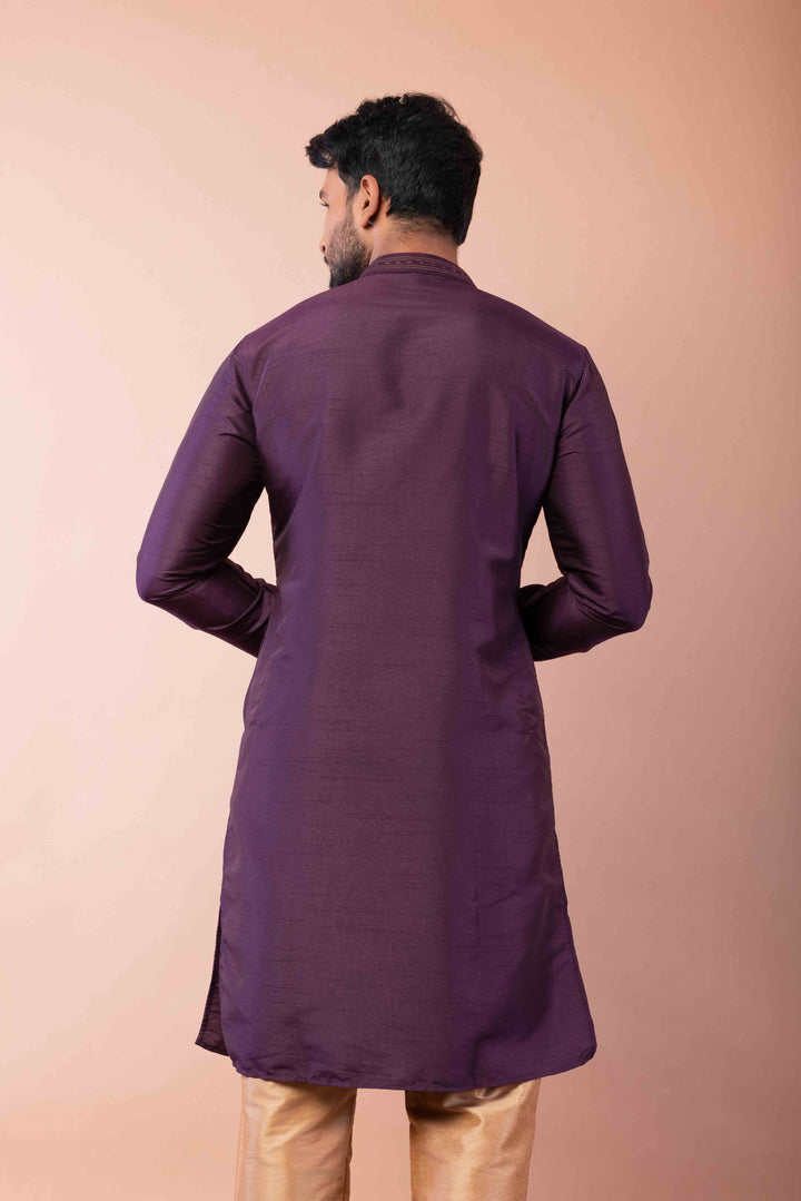 Prakatha Purple Silk Blend Kurta Dhoti Set For Men With Embroidered Work | SHOBITAM