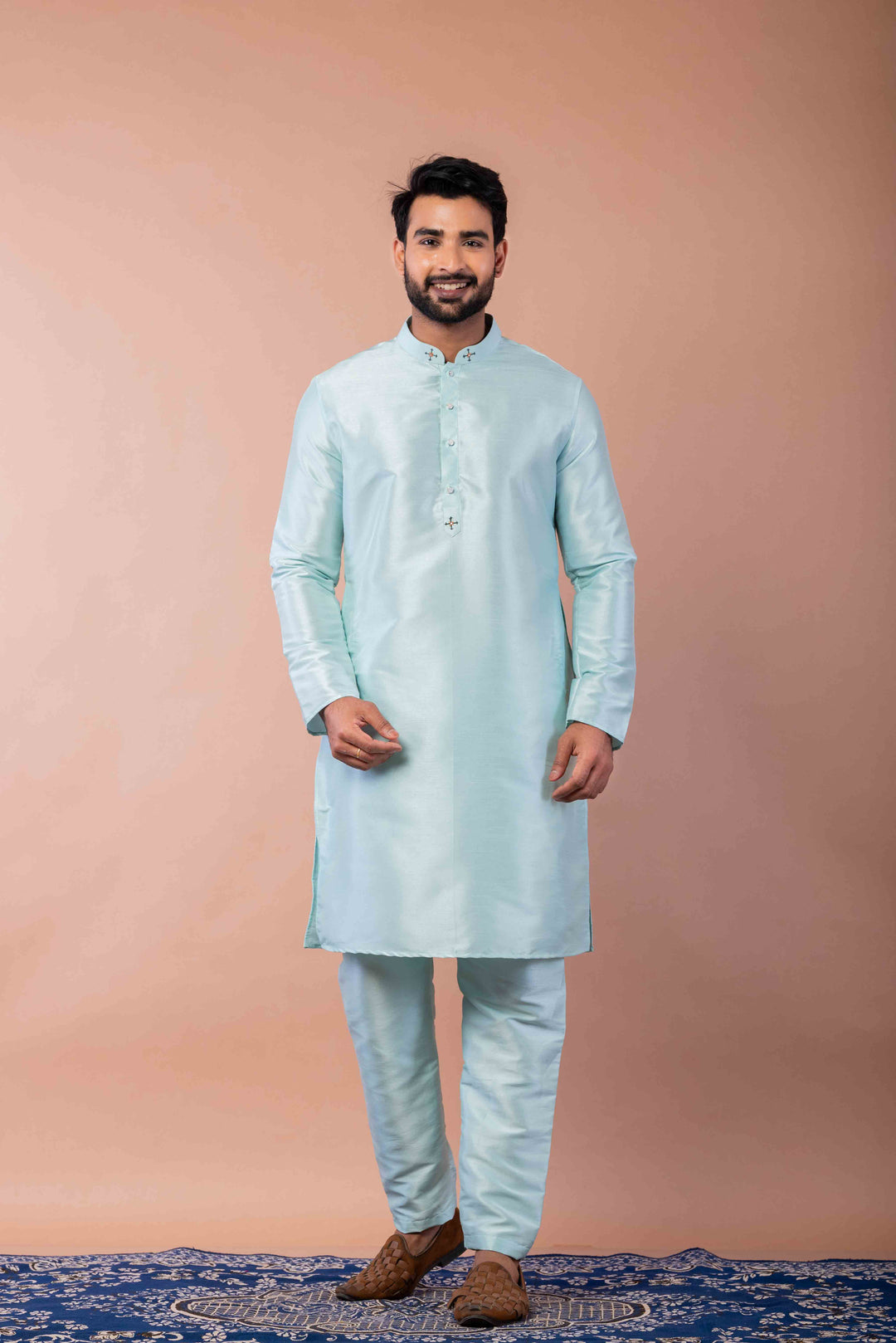 Prakatha Blue Silk Blend Kurta Pyjama Set For Men With Embroidered Work | SHOBITAM