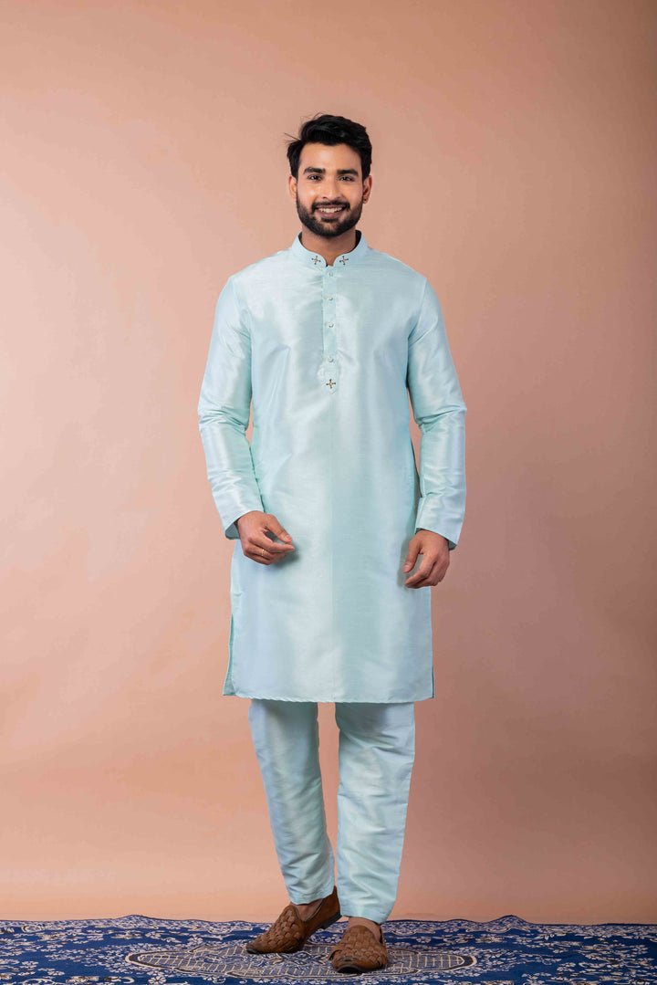 Prakatha Blue Silk Blend Kurta Pyjama Set For Men With Embroidered Work | SHOBITAM