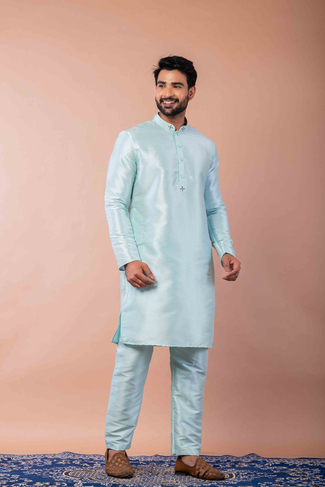 Prakatha Blue Silk Blend Kurta Pyjama Set For Men With Embroidered Work | SHOBITAM