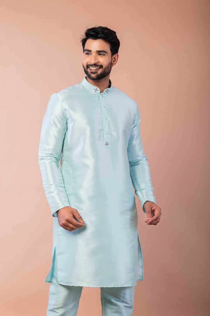 Prakatha Blue Silk Blend Kurta Pyjama Set For Men With Embroidered Work | SHOBITAM