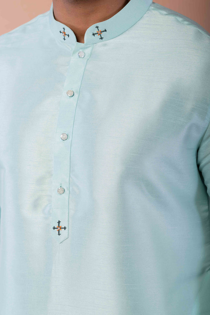 Prakatha Blue Silk Blend Kurta Pyjama Set For Men With Embroidered Work | SHOBITAM