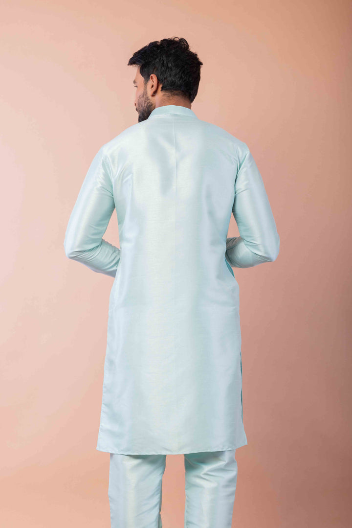 Prakatha Blue Silk Blend Kurta Pyjama Set For Men With Embroidered Work | SHOBITAM