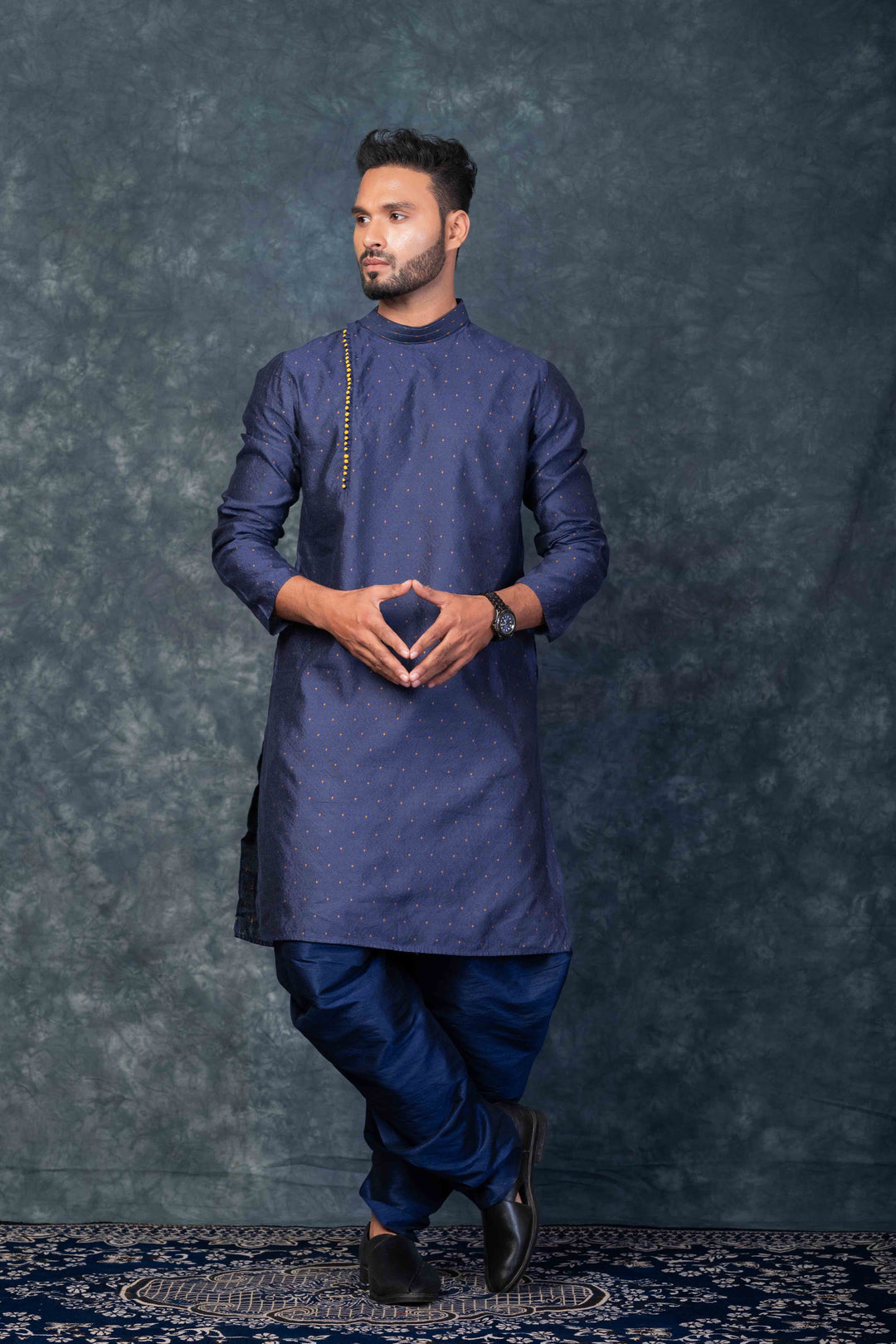 Prakatha Blue Silk Blend Kurta Dhoti Set For Men With Embroidered Work | SHOBITAM