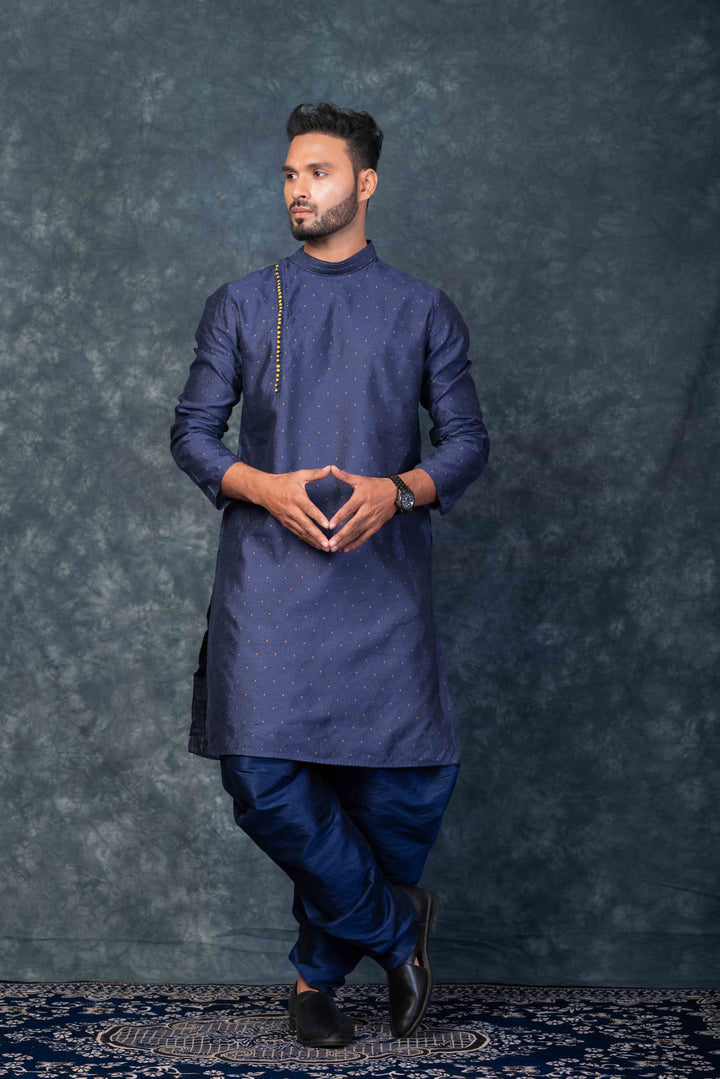 Prakatha Blue Silk Blend Kurta Dhoti Set For Men With Embroidered Work | SHOBITAM