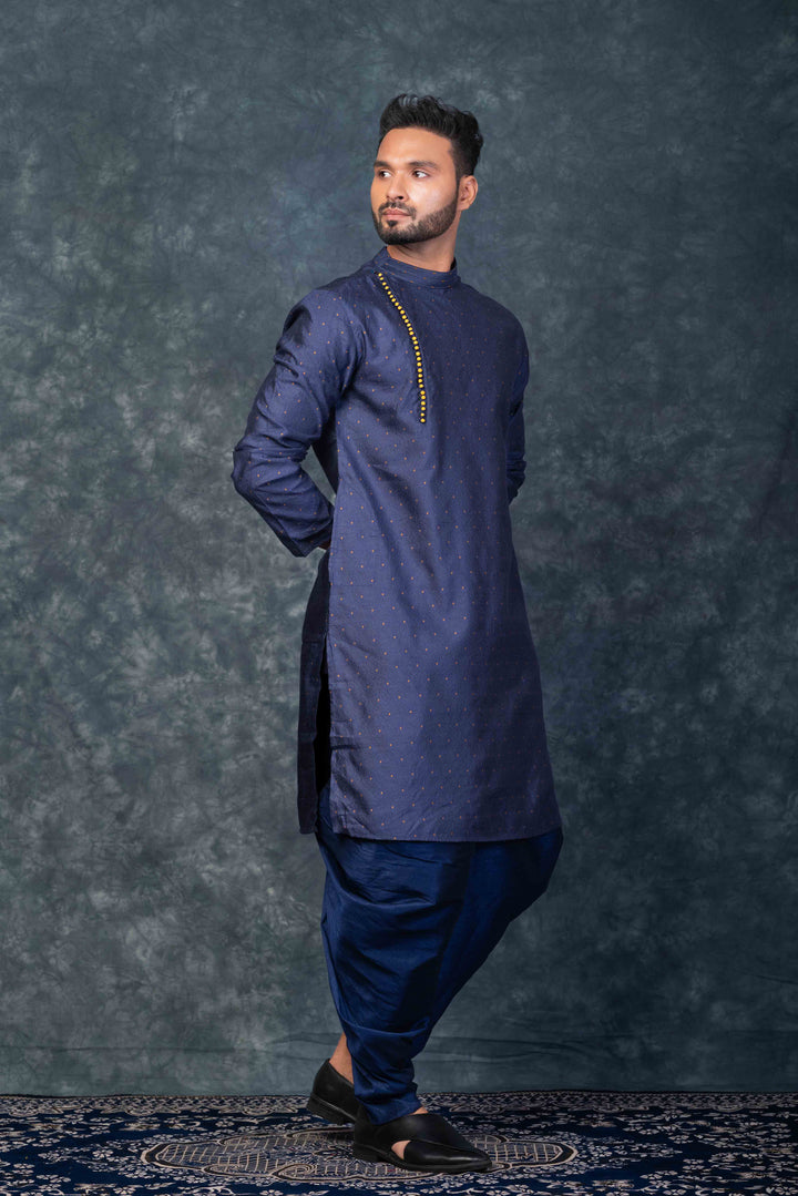 Prakatha Blue Silk Blend Kurta Dhoti Set For Men With Embroidered Work | SHOBITAM
