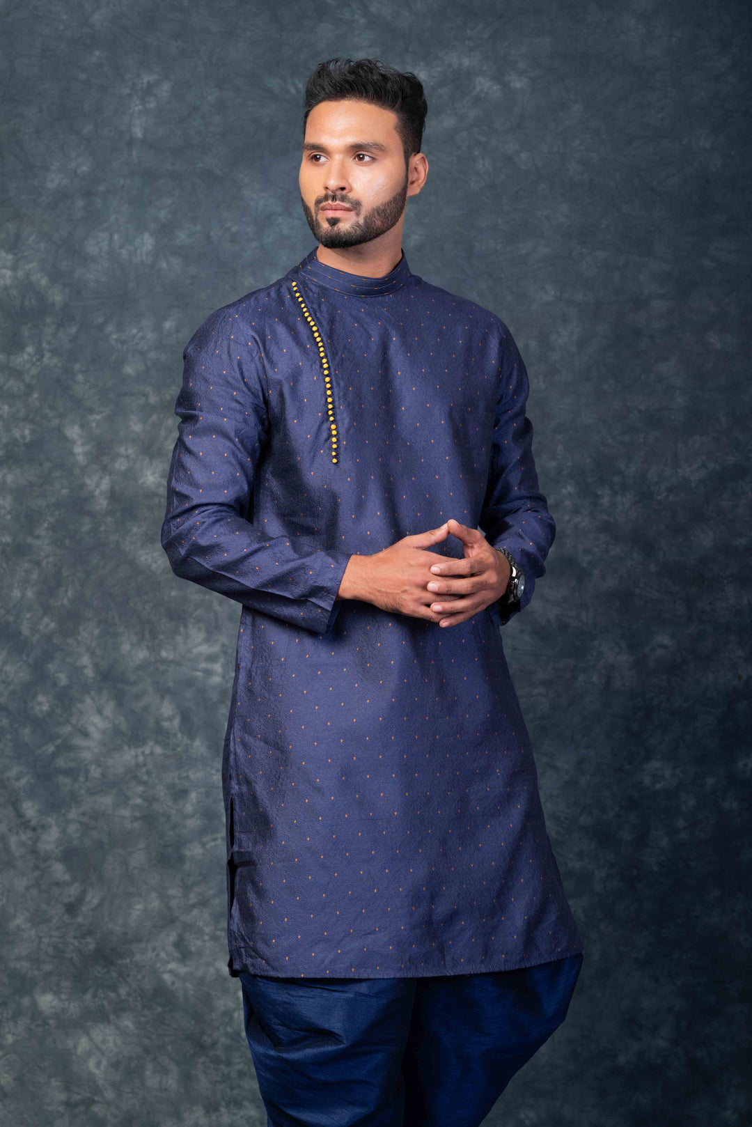 Prakatha Blue Silk Blend Kurta Dhoti Set For Men With Embroidered Work | SHOBITAM
