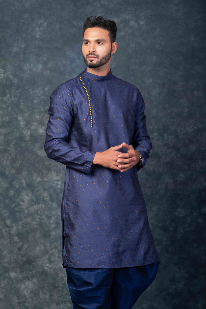 Prakatha Blue Silk Blend Kurta Dhoti Set For Men With Embroidered Work | SHOBITAM