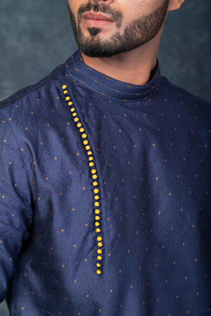 Prakatha Blue Silk Blend Kurta Dhoti Set For Men With Embroidered Work | SHOBITAM