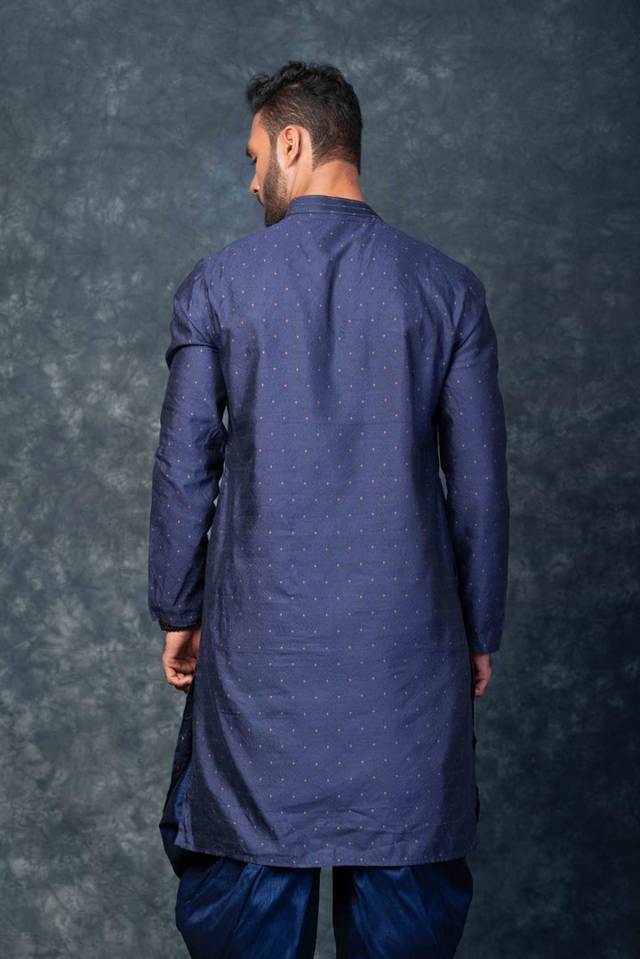 Prakatha Blue Silk Blend Kurta Dhoti Set For Men With Embroidered Work | SHOBITAM