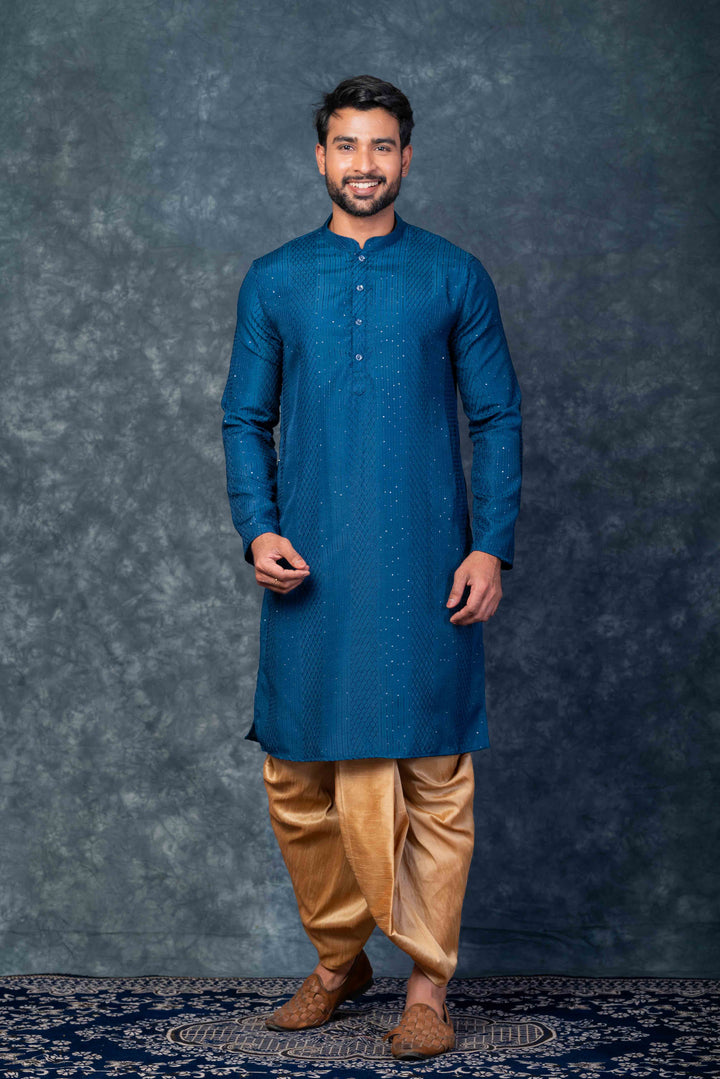 Prakatha Blue Silk Blend Kurta Dhoti Set For Men With Embroidered Work | SHOBITAM