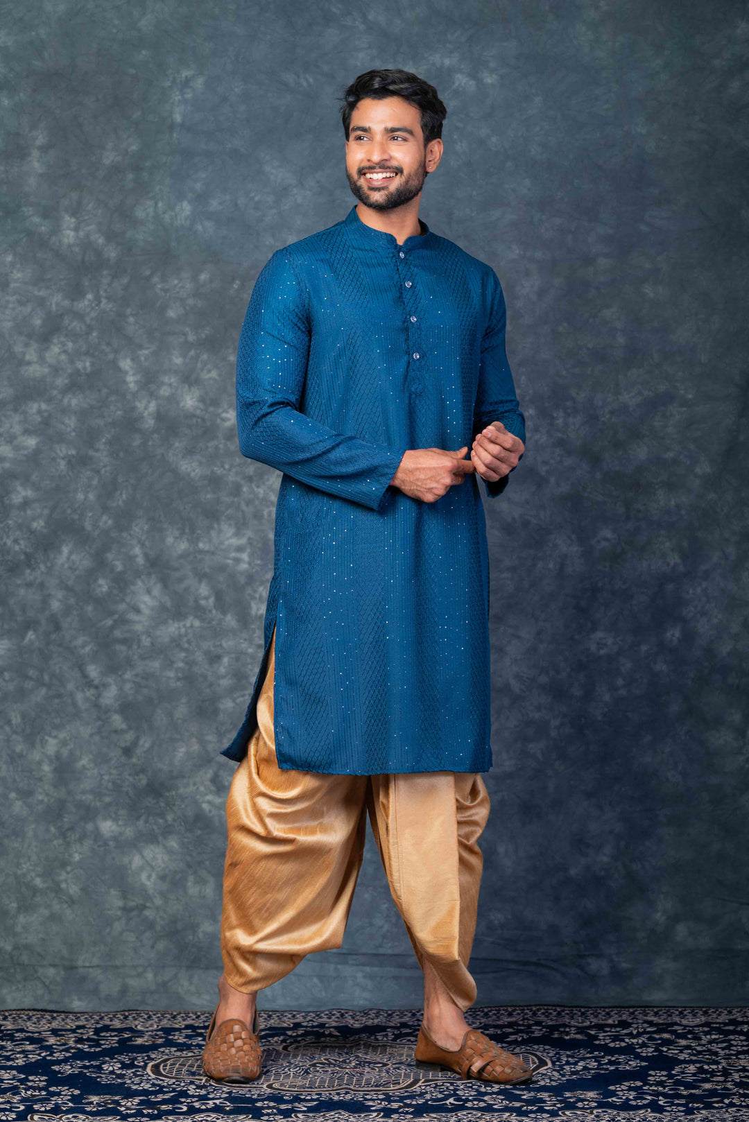 Prakatha Blue Silk Blend Kurta Dhoti Set For Men With Embroidered Work | SHOBITAM
