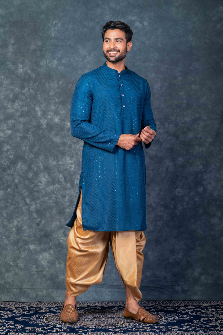 Prakatha Blue Silk Blend Kurta Dhoti Set For Men With Embroidered Work | SHOBITAM