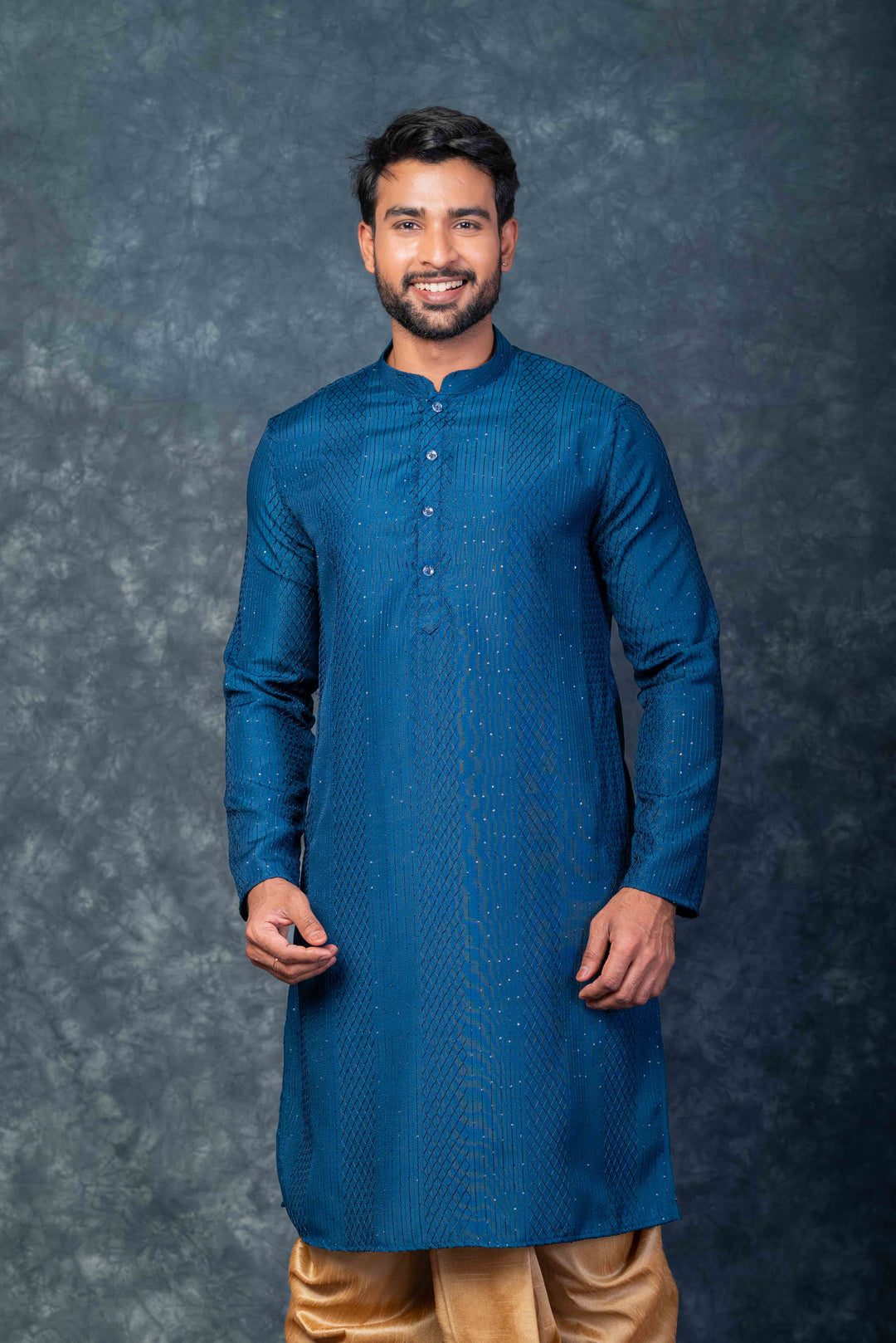Prakatha Blue Silk Blend Kurta Dhoti Set For Men With Embroidered Work | SHOBITAM