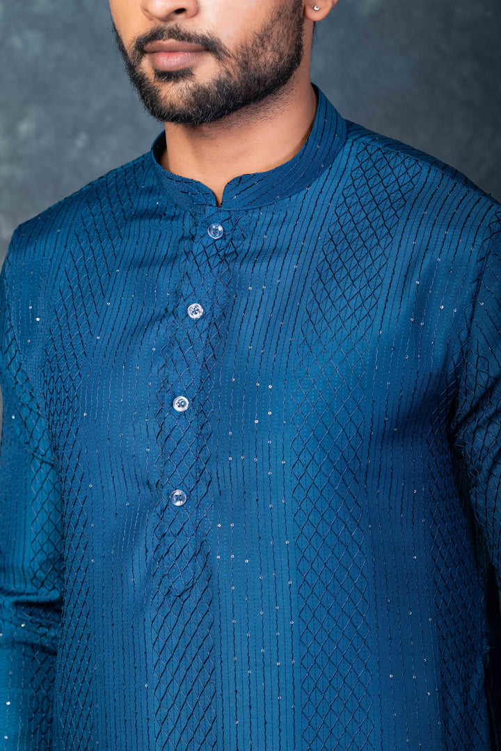 Prakatha Blue Silk Blend Kurta Dhoti Set For Men With Embroidered Work | SHOBITAM