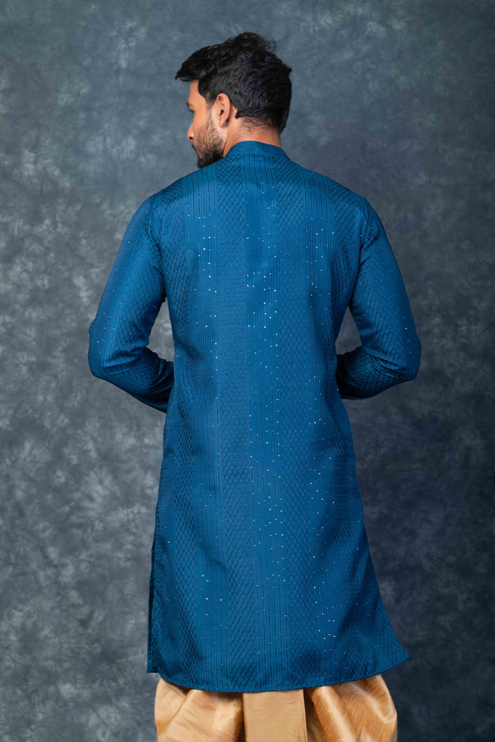 Prakatha Blue Silk Blend Kurta Dhoti Set For Men With Embroidered Work | SHOBITAM