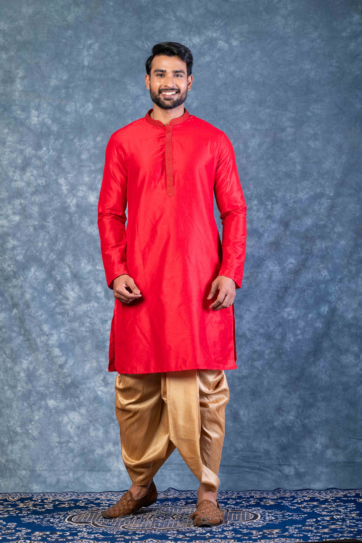 Prakatha Red Silk Blend Kurta Dhoti Set For Men With Embroidered Work | SHOBITAM