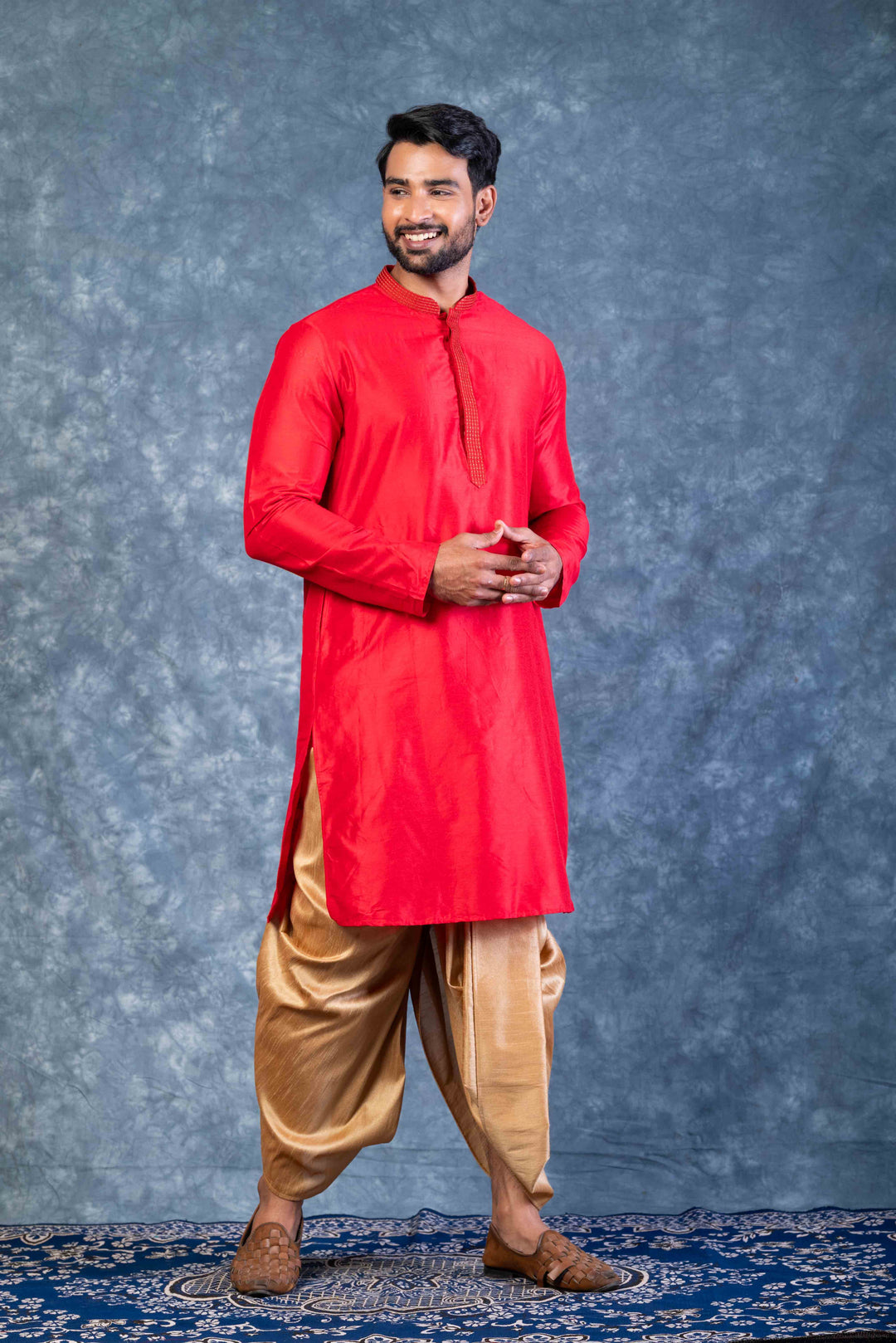 Prakatha Red Silk Blend Kurta Dhoti Set For Men With Embroidered Work | SHOBITAM