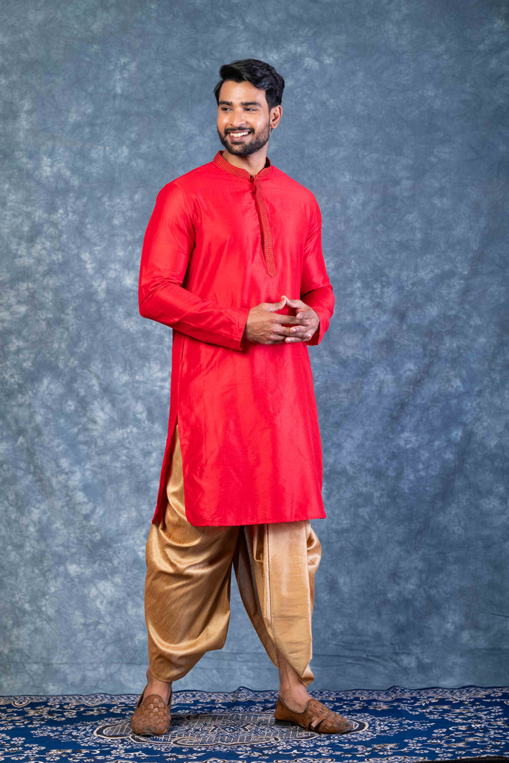 Prakatha Red Silk Blend Kurta Dhoti Set For Men With Embroidered Work | SHOBITAM