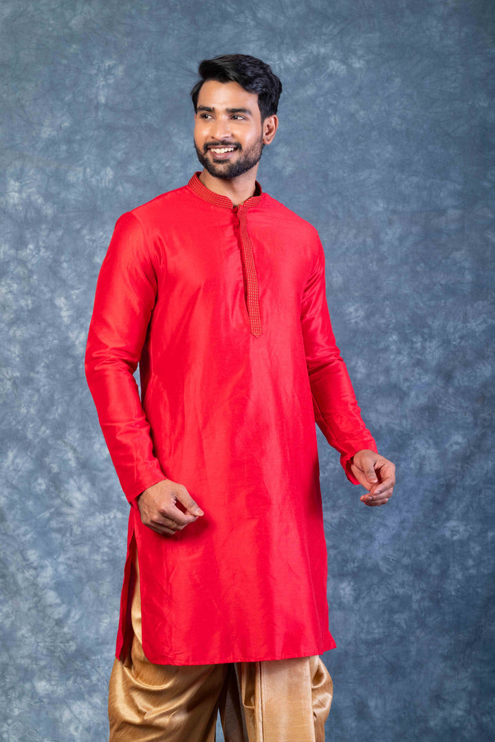 Prakatha Red Silk Blend Kurta Dhoti Set For Men With Embroidered Work | SHOBITAM