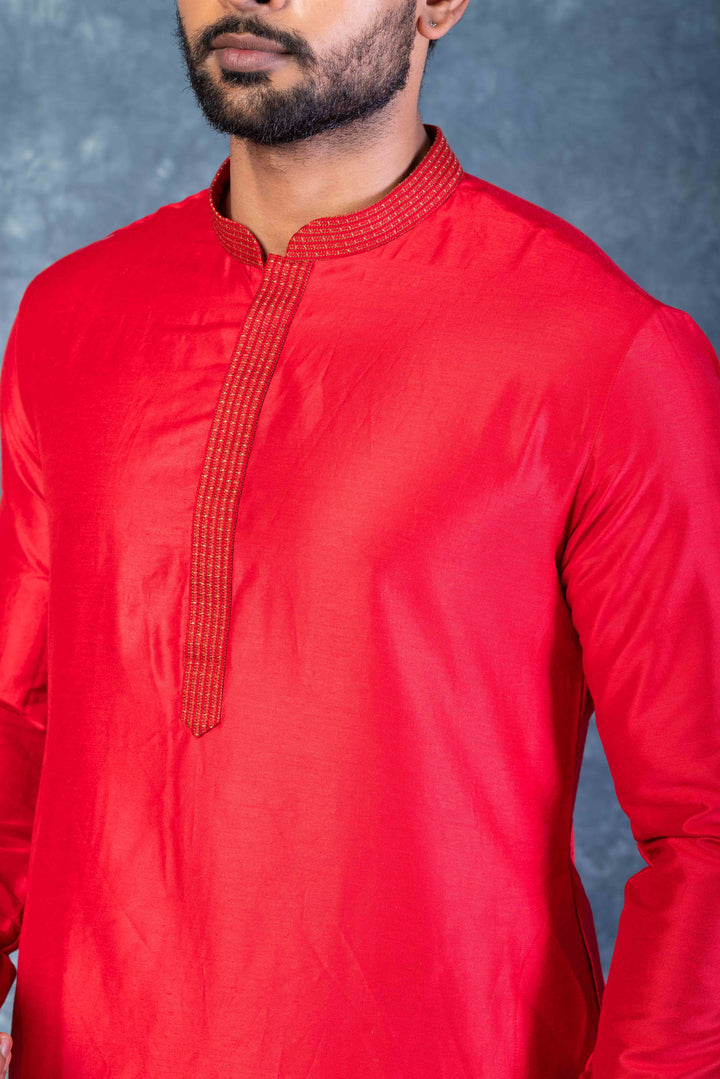 Prakatha Red Silk Blend Kurta Dhoti Set For Men With Embroidered Work | SHOBITAM