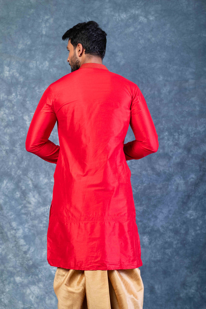 Prakatha Red Silk Blend Kurta Dhoti Set For Men With Embroidered Work | SHOBITAM