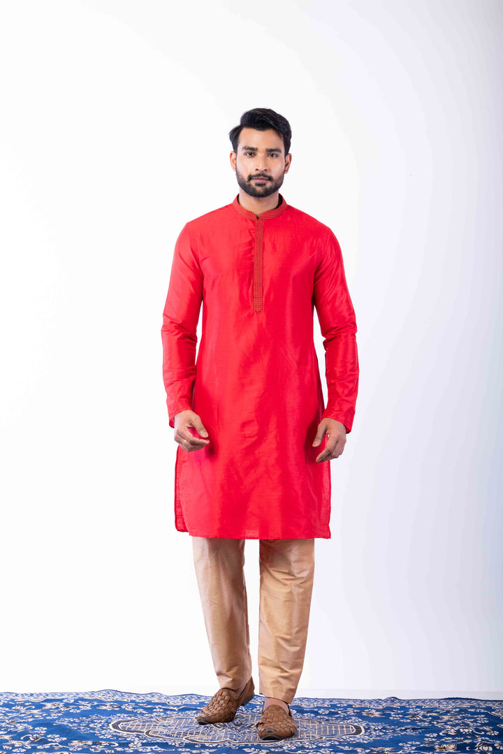 Prakatha Red Silk Blend Kurta Dhoti Set For Men With Embroidered Work | SHOBITAM