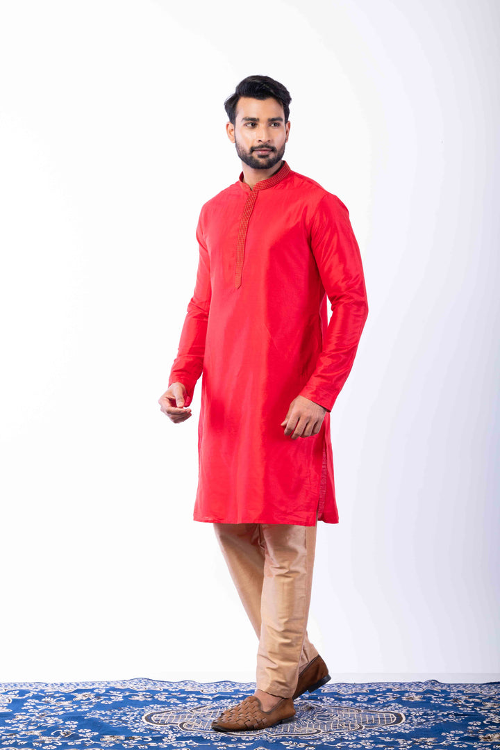 Prakatha Red Silk Blend Kurta Dhoti Set For Men With Embroidered Work | SHOBITAM