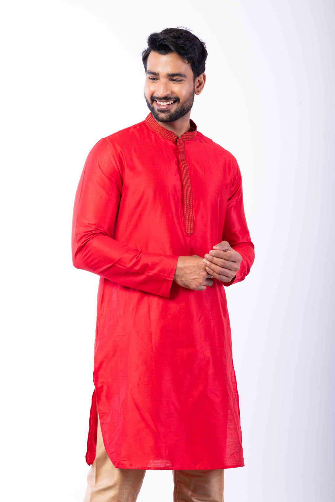 Prakatha Red Silk Blend Kurta Dhoti Set For Men With Embroidered Work | SHOBITAM