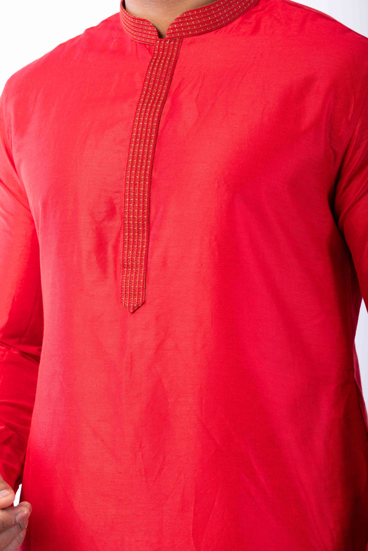 Prakatha Red Silk Blend Kurta Dhoti Set For Men With Embroidered Work | SHOBITAM
