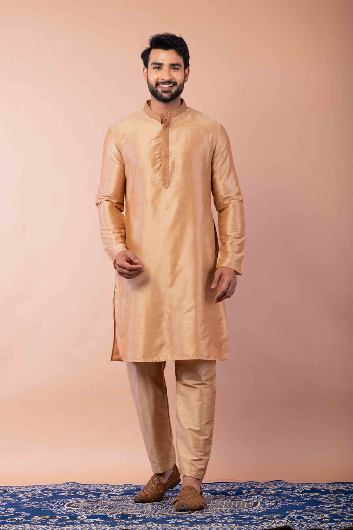 Prakatha Creame Silk Blend Kurta Pajama Set For Men With Embroidered Work | SHOBITAM