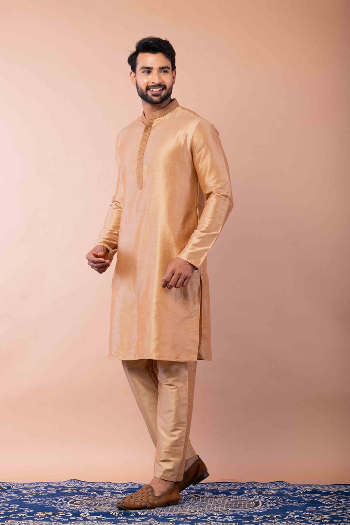 Prakatha Creame Silk Blend Kurta Pajama Set For Men With Embroidered Work | SHOBITAM