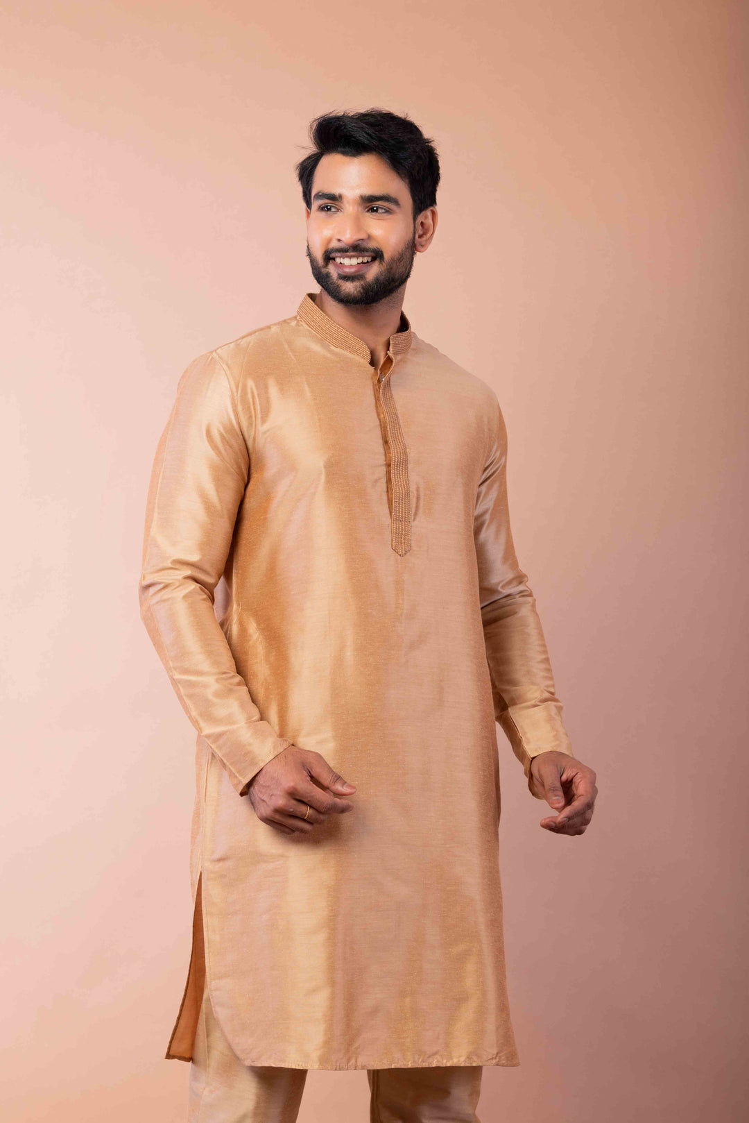 Prakatha Creame Silk Blend Kurta Pajama Set For Men With Embroidered Work | SHOBITAM