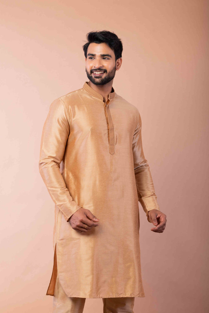 Prakatha Creame Silk Blend Kurta Pajama Set For Men With Embroidered Work | SHOBITAM