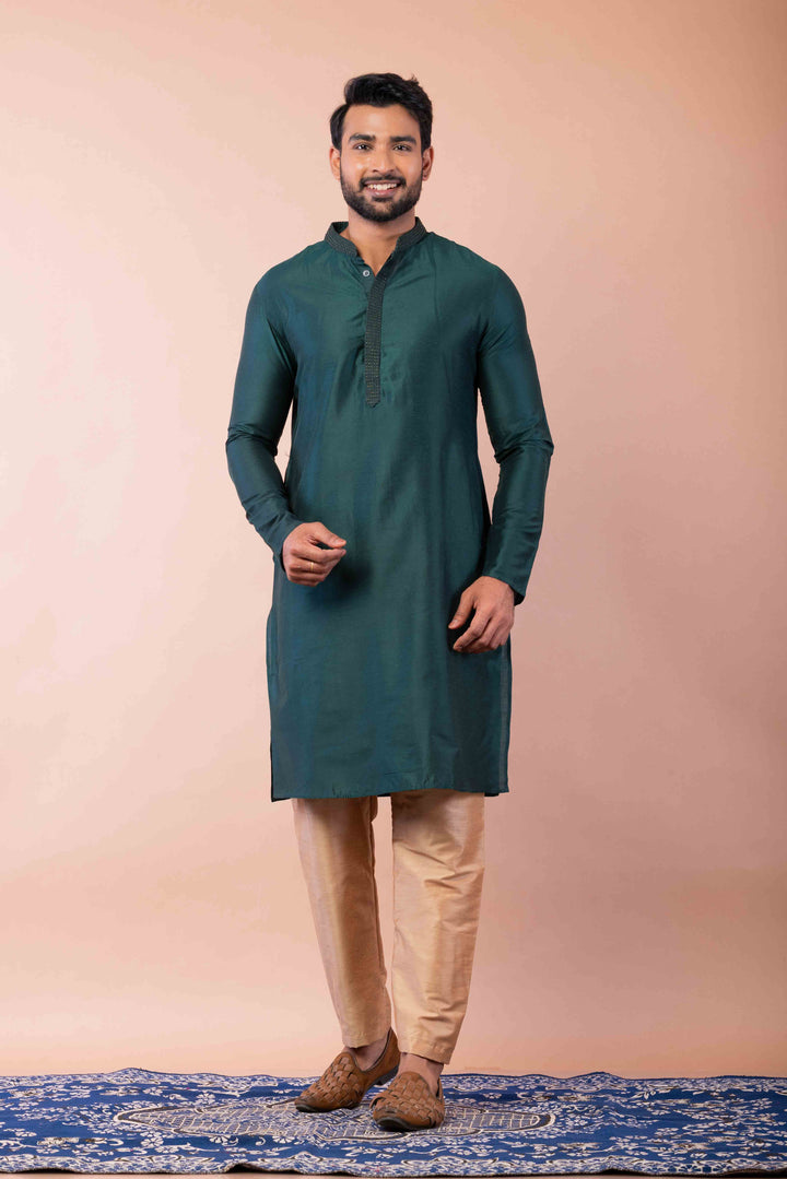 Prakatha Green Silk Blend Kurta Pajama Set For Men With Embroidered Work | SHOBITAM