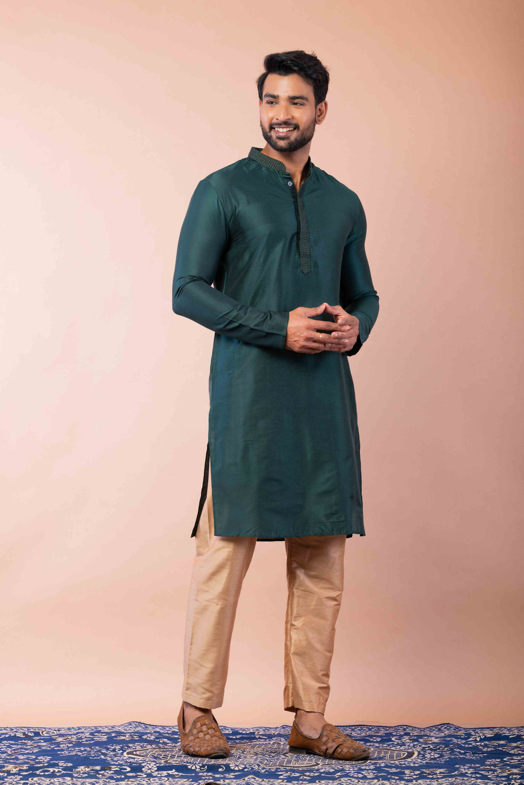 Prakatha Green Silk Blend Kurta Pajama Set For Men With Embroidered Work | SHOBITAM