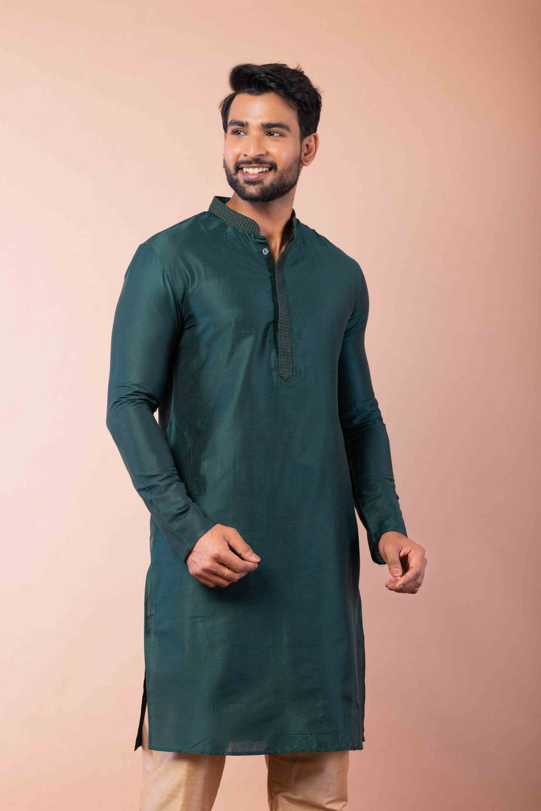 Prakatha Green Silk Blend Kurta Pajama Set For Men With Embroidered Work | SHOBITAM