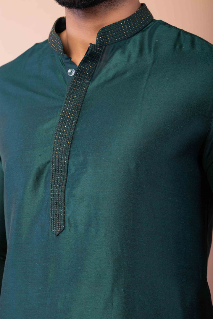 Prakatha Green Silk Blend Kurta Pajama Set For Men With Embroidered Work | SHOBITAM