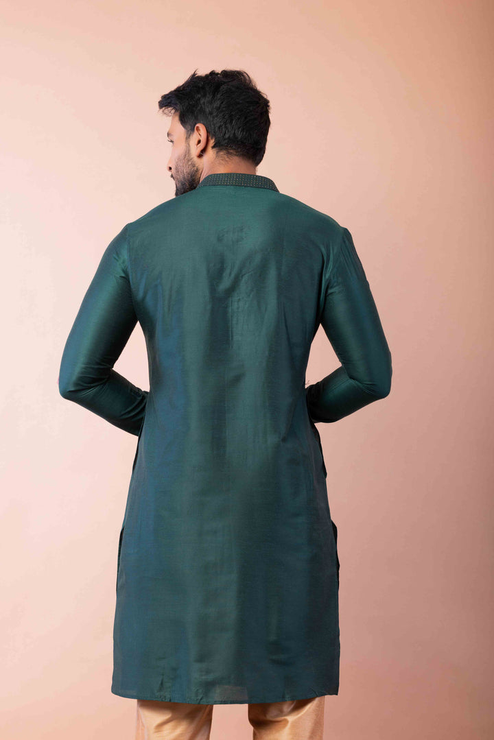 Prakatha Green Silk Blend Kurta Pajama Set For Men With Embroidered Work | SHOBITAM