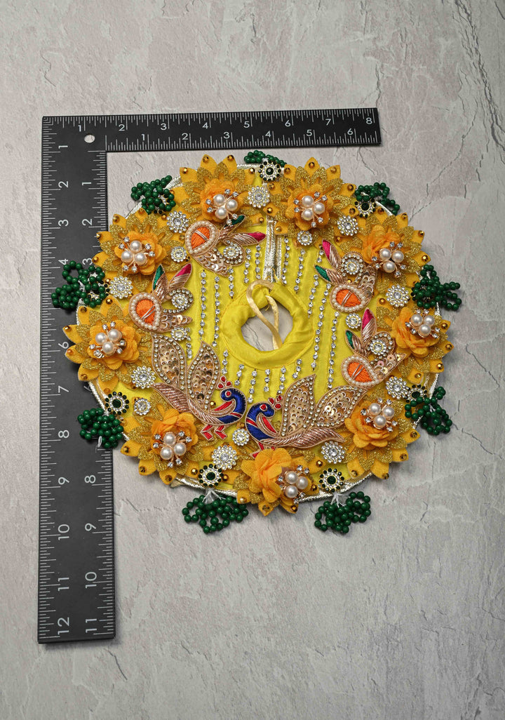 9" Pitambar Laddu Gopal Dress Set with Peacock-Floral Motifs and Gemstone Embellishments