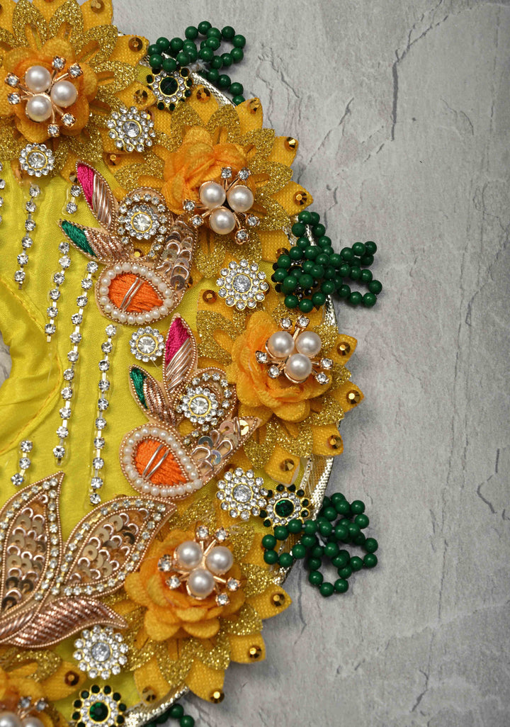9" Pitambar Laddu Gopal Dress Set with Peacock-Floral Motifs and Gemstone Embellishments