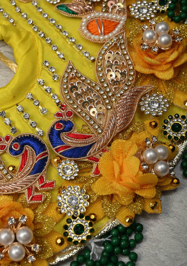 9" Pitambar Laddu Gopal Dress Set with Peacock-Floral Motifs and Gemstone Embellishments