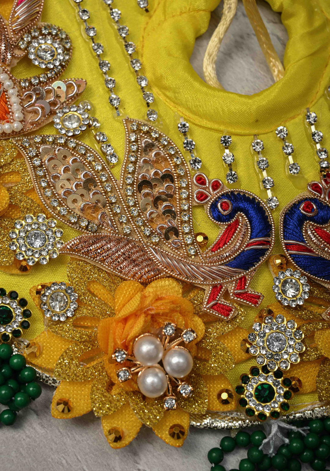 9" Pitambar Laddu Gopal Dress Set with Peacock-Floral Motifs and Gemstone Embellishments